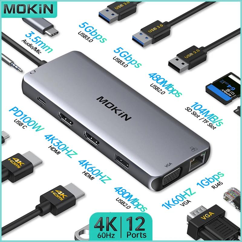 USB3.0, HDMI 4K60Hz, PD 100W, SD, RJ45 1Gbps  MacBook Air/Pro  Thunderbolt ƮϿ MOKiN 12 in 1 ŷ ̼